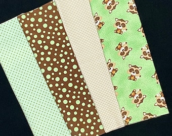 Raccoon paquete de tela de 1/2 yarda, 4 patrones, verde, lunar marrón, FRANELA, animales forestales, controles beige bronceados, hacer un edredón de trapo