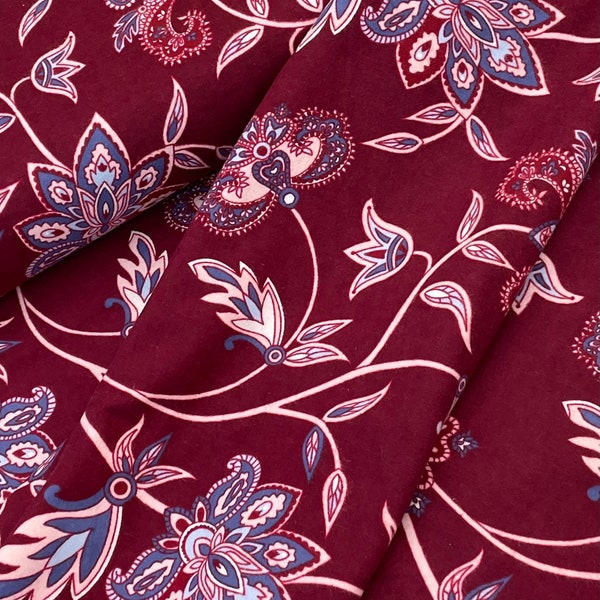 Burgundy floral flannel Quilting Fabric, cream blue pink, flower garden, soft warm, sold by the Yard