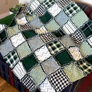 Rag quilt KIT, Green, white black & gray flannels, 126 -7&quot; squares, cabin plaid, stripe, chevron, 42x53 DIY, soft flannel, LAP rag quilt kit