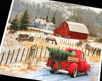 Country Christmas Memories fabric panel, rustic old red truck, horse, antique tractors, barn farm house, snow, Christmas tree, Riley Blake