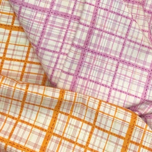 Plaid Criss Cross orange pink white cotton fabric, Meriwether by Windham, checkers, plaid white orange, pink white sold by the yard