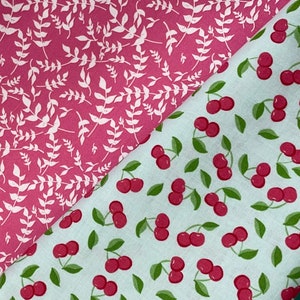 Cherry summer picnic, play outside pink coordinate, by Riley Blake, mint cotton broadcloth quilt fabric, tossed cherries, cute combination