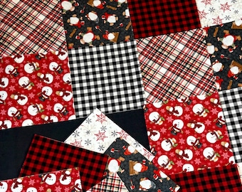 Timber Gnomies Snowman plaid Precut rag quilt KIT, red black cream flannels, 60-10" squares, Winter Christmas snowflakes 53x44 DIY LAP quilt