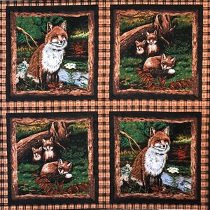 Fox love pillow panel, friends of the forest, fox family, wildlife woodland wilderness forest pillow panel, green brown rust