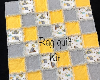 Honey bee bear 72 quilt blocks, pre cut 7&quot; flannel fabric squares, beehive, yellow gray rag quilt, polka dot, baby, complete quilt 36x36