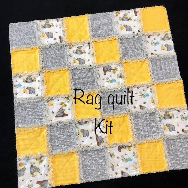 Honey bee bear 72 quilt blocks, pre cut 7" flannel fabric squares, beehive, yellow gray rag quilt, polka dot, baby, complete quilt 36x36