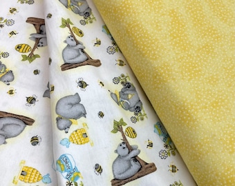 Honey Bear bee flannel, yellow swirl, gray bears on white, honey pot, beehive, buzzing bees, baby boy girl, coordinate yellow flannel