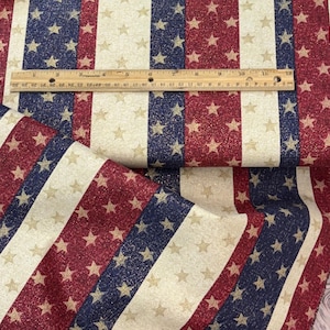 Patriotic glitter stripes stars cotton fabric, 4th of July USA, quilting fabric/ red cream blue, independence, American flag freedom, USA
