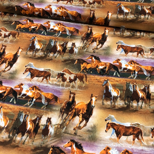 Horse Fabric, Horses in the field by David Textiles Wild Wings, stallion, Rodeo, beige gray Brown Premium Cotton Fabric sold by the yard