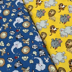 Jungle Zoo animals, lion elephant hippo tiger, Jungle Jam by Blank Quilting, yellow blue, brown broadcloth, children fabric, by the yard