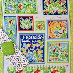 Frog QUILT KIT-Rainforest glow panel, Jump for joy, Frogs make me hoppy, top, binding & bacl, lily pad pond, flowers, blue green, dragonfly