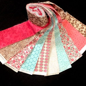 20 pink brown aqua cream Jelly roll, quilter cotton stripes, 10 different fabrics, 2 of each, Quilters Time Saver stars floral, dots, swirls