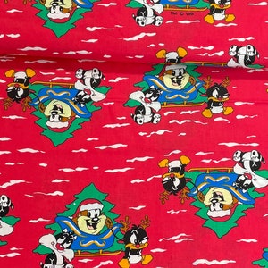 Looney Tunes Vintage Stoff, Sylvester Katze, rot grün, Tasmanischer Teufel, Tasmanischer Teufel, Tannenbaum, Comic Figuren, Baumwollstoff, seltener Fund