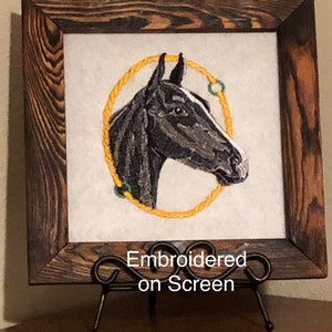 Horse head picture frame, embroidered wall hanging on Screen, handmade charred pinewood frame, cowboy rodeo western cream brown, horse shoe