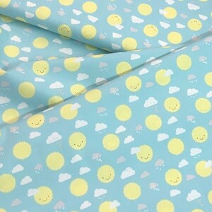 Little Sunshine, white clouds, sun, sky, spring outdoor, quilting fabric, gray rain clouds, happy sunshine, Sky light, teal blue by yard