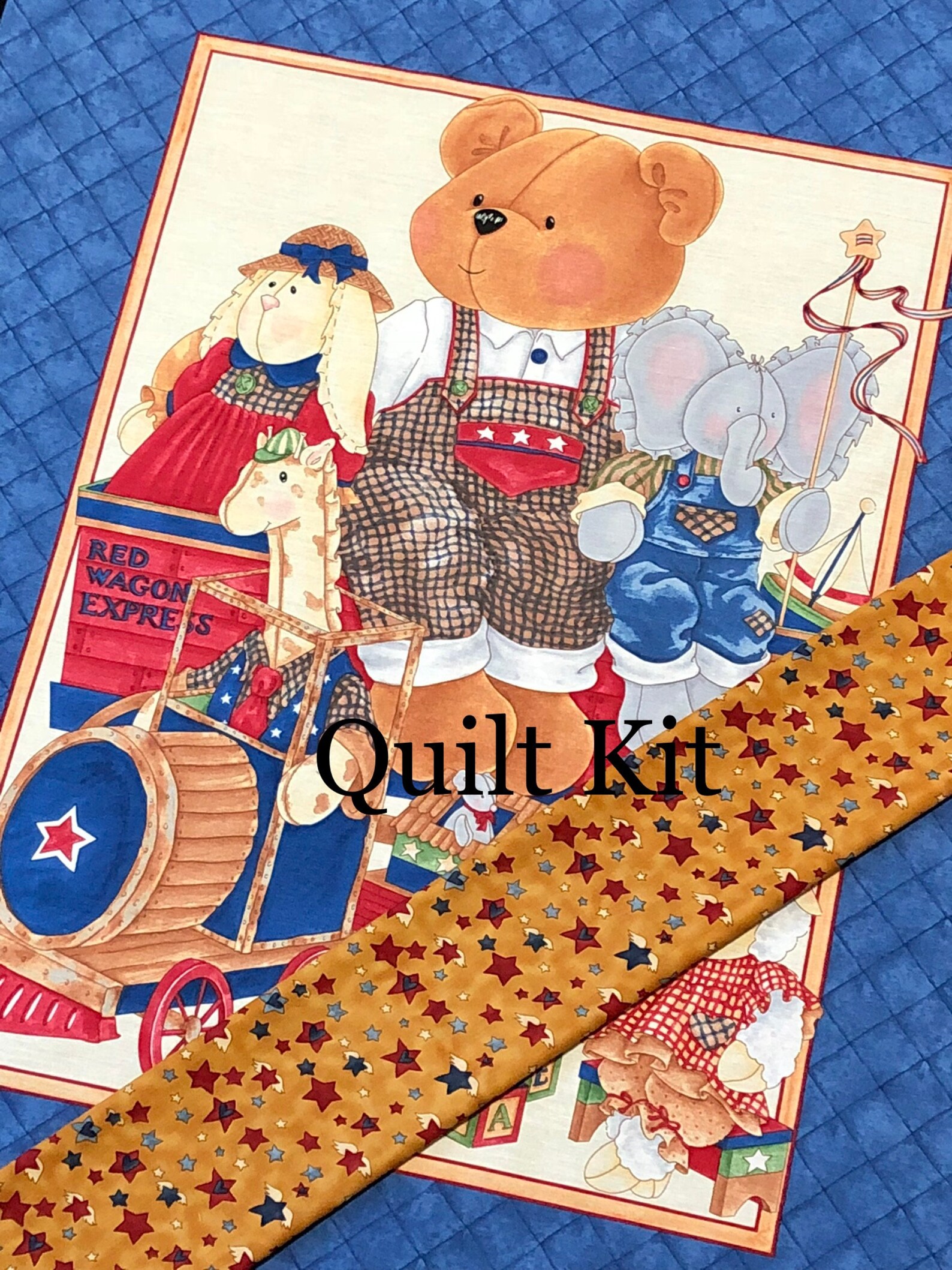 Teddy Bear train Quilt Kit toys blue red cotton fabric panel Etsy