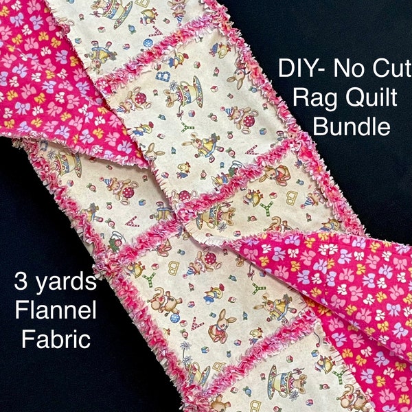 Girl Pink bunny elephant rag quilt flannel fabric bundle, 3 yds of flannel with instructions, baby blanket, Alphabet, teacup, baby girl gift