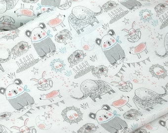 White Elephant, Bear, Pigs, Bunny & Sheep Comfy Flannel, pink or aqua Snuggle in the Jungle diamond coordinate fabric, baby boy girl, soft