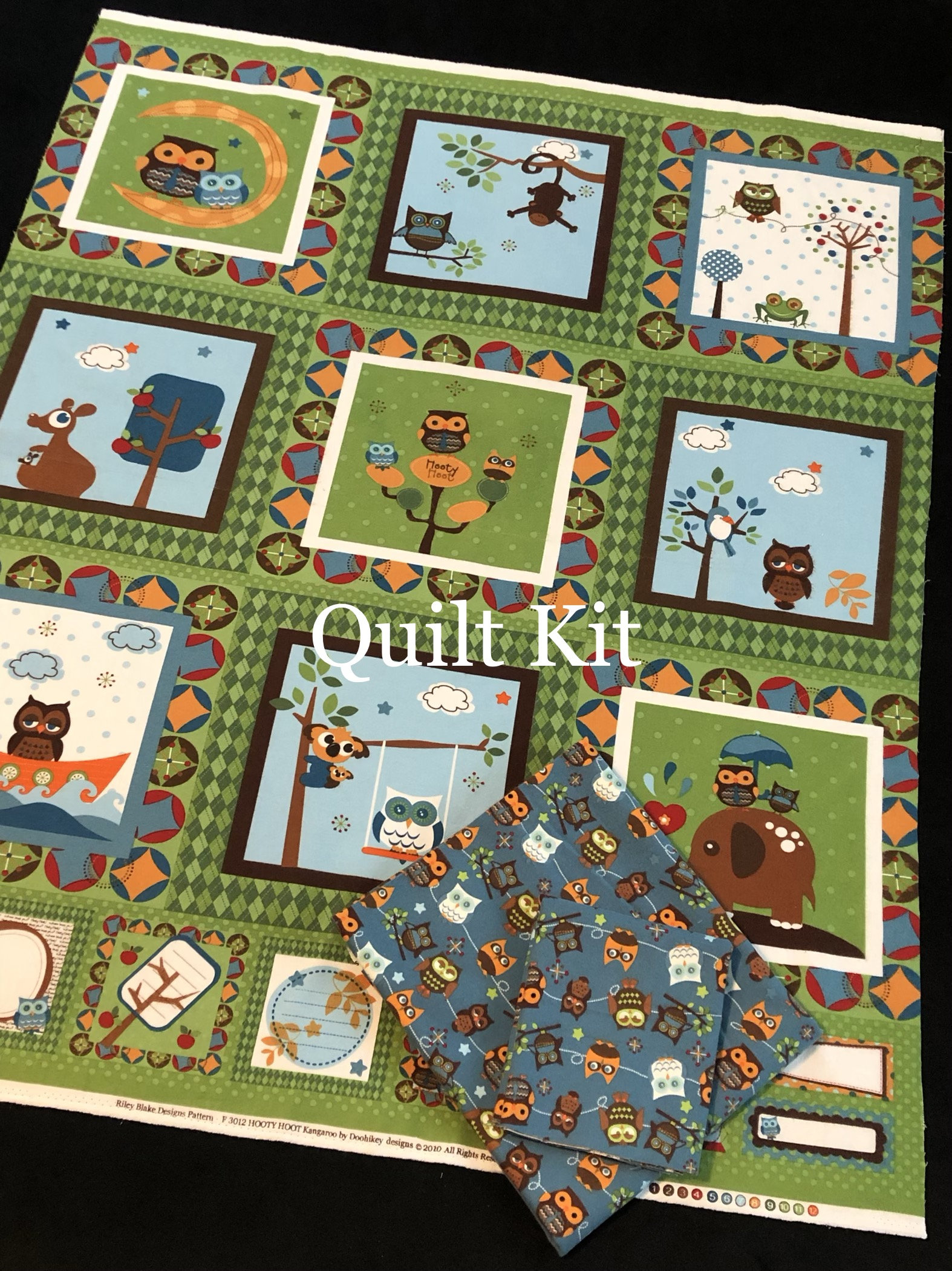 Koala bear kangaroo owl QUILT KIT panel, binding & backing, Hooty Hoot by Riley Blake, owls frog
