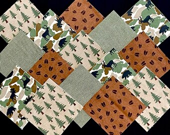 48 woodland bear moose deer quilt blocks 7" squares, checks, trees, green brown, wilderness wildlife, patchwork quilt top, rag quilt