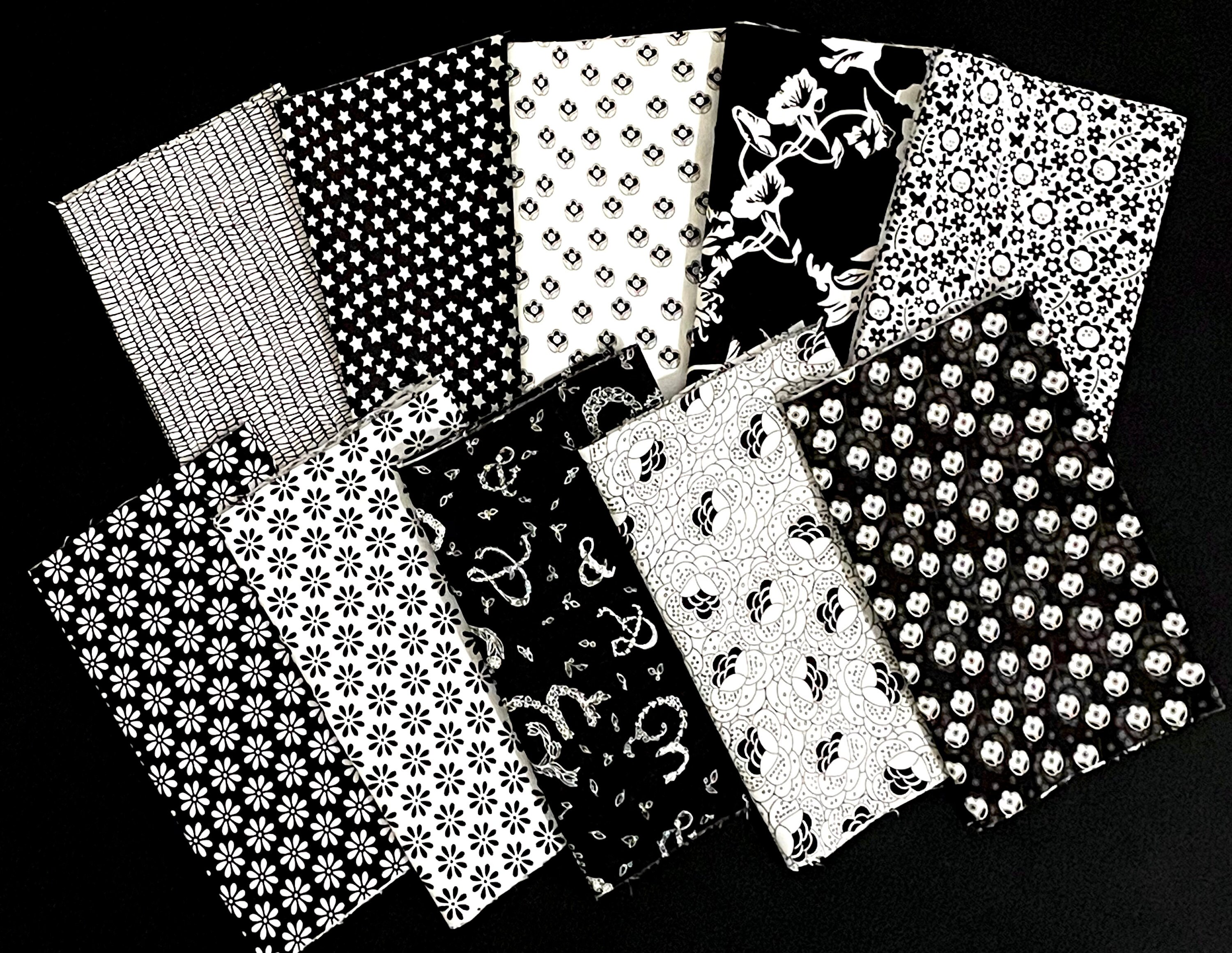 10 Black White 1/4 Yd Fabric Bundle, Mixed Variety, Crisp Swirls Vines  Abstract, Quilt, Curtains, Crafts, 100% Cotton 
