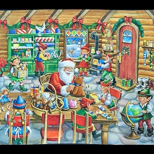Santa&#39;s Workshop, Christmas, Santa Claus, Elf Toy Workshop Scene, 35&quot; Fabric Quilt Panel, wall hanging, 100% Cotton, Jolly Old St Nick