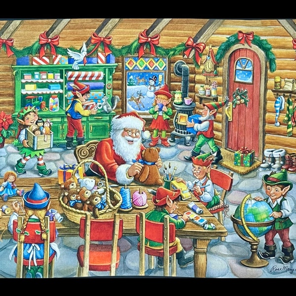 Atelier du Père Noël, Noël, Père Noël, Scène de l’atelier de jouets Elf, Panneau de courtepointe en tissu 35 », tenture murale, 100% coton, Jolly Old St Nick