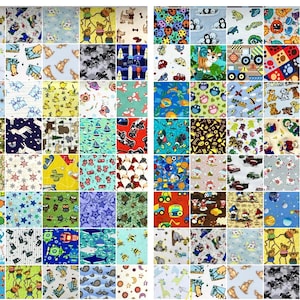 May include: A collection of 100 colorful fabric squares with various patterns, including animals, vehicles, letters, and geometric designs. The fabric squares are arranged in a grid pattern.