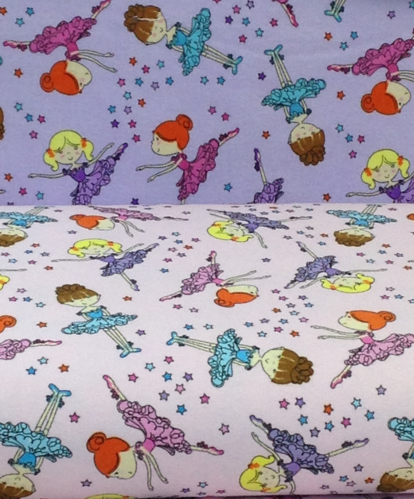 dancing ballerina girl, stars, ballet shoes, purple pink flannel, dancing fairy fabric, little girl fabric