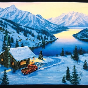Wonderland &quot;Black&quot; Log Cabin Country Christmas with pickup truck deer mountain cotton fabric panel 36&quot; x 44&quot; Elizabeth&#39;s Studio, winter