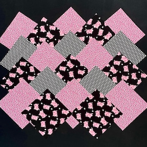 SALE 42 pig 7 inch Square quilt blocks, pink, black white polka dot, pre cut squares, quilting fabric, patchwork quilt squares