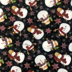 Snowman Timber Gnomies 100% cotton fabric, Henry Glass, red green black, sleigh snowflakes, tossed snowmen, green pine tree, woodland gnome