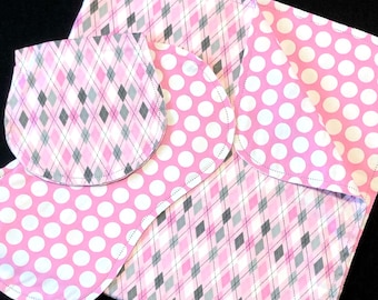 Hemstitch pink polka dot Manta de recepción y 2 paños de eructo, plaid de diamante rosa gris, juego de regalo de franela de ganchillo, manta de niña