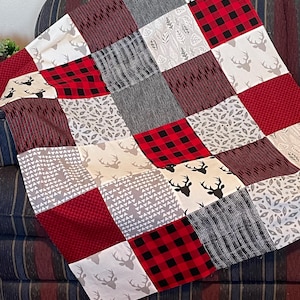 Rustic Woodland deer head silhouette baby quilt kit, Buffalo Plaid patchwork blanket, top back binding, Bedding Crib quilt, gray Red Black