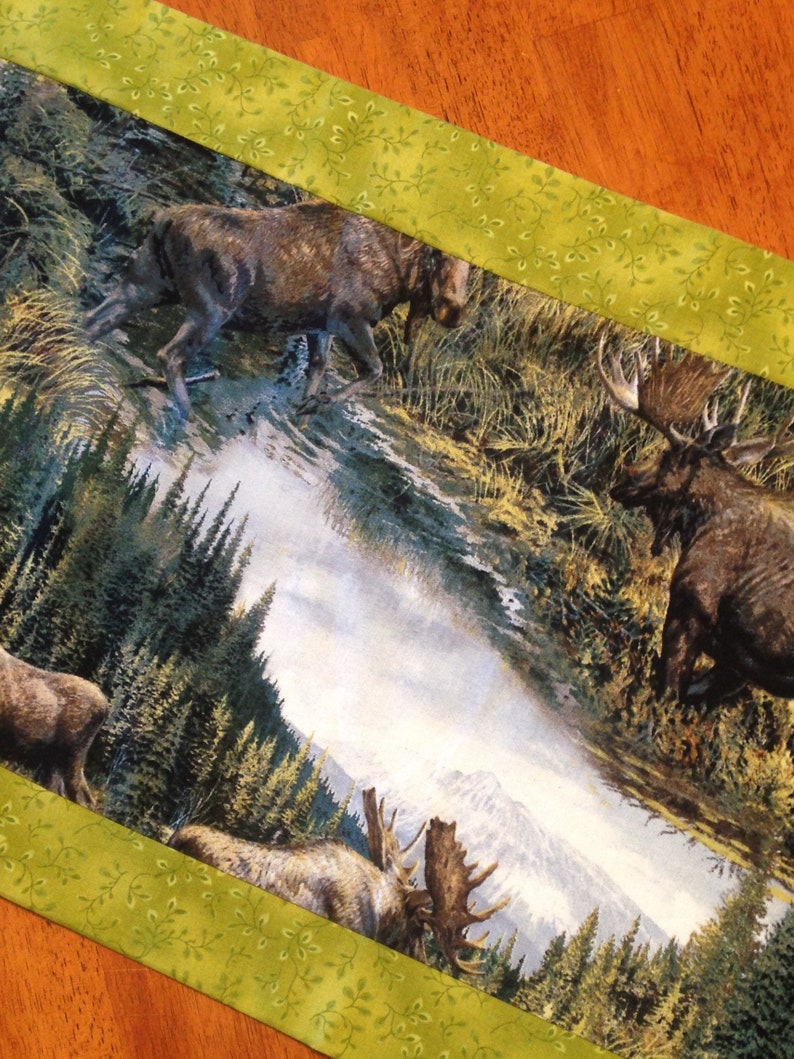 Moose Table Runner Green Brown Pine Tree Wilderness Etsy