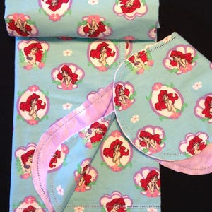 Little Mermaid Receiving blanket & burp cloth, Hemstitch crochet baby girl reversible flannel, lavender purple Coordinate aqua blue, Arial, image 3