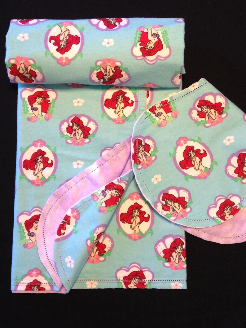 Little Mermaid Receiving blanket & burp cloth, Hemstitch crochet baby girl reversible flannel, lavender purple Coordinate aqua blue, Arial, image 3