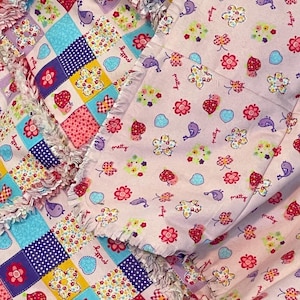 Girl Pink purple floral bird 3 layer rag flannel quilt, baby blanket, gingham, squares, butterfly turtle, baby girl gift, DIY instructions
