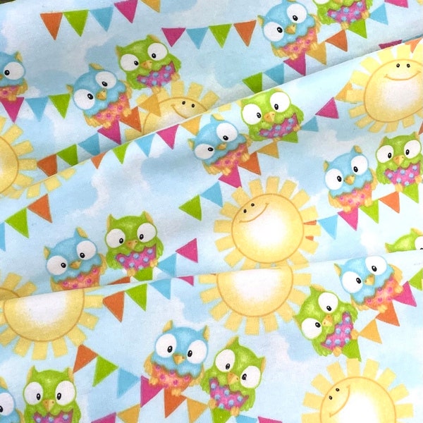 Owls on Light Blue, sunshine Comfy Cotton FLANNEL Fabric by A E Nathan, baby owls  clouds, baby blanket fabric, cotton, baby blanket fabric