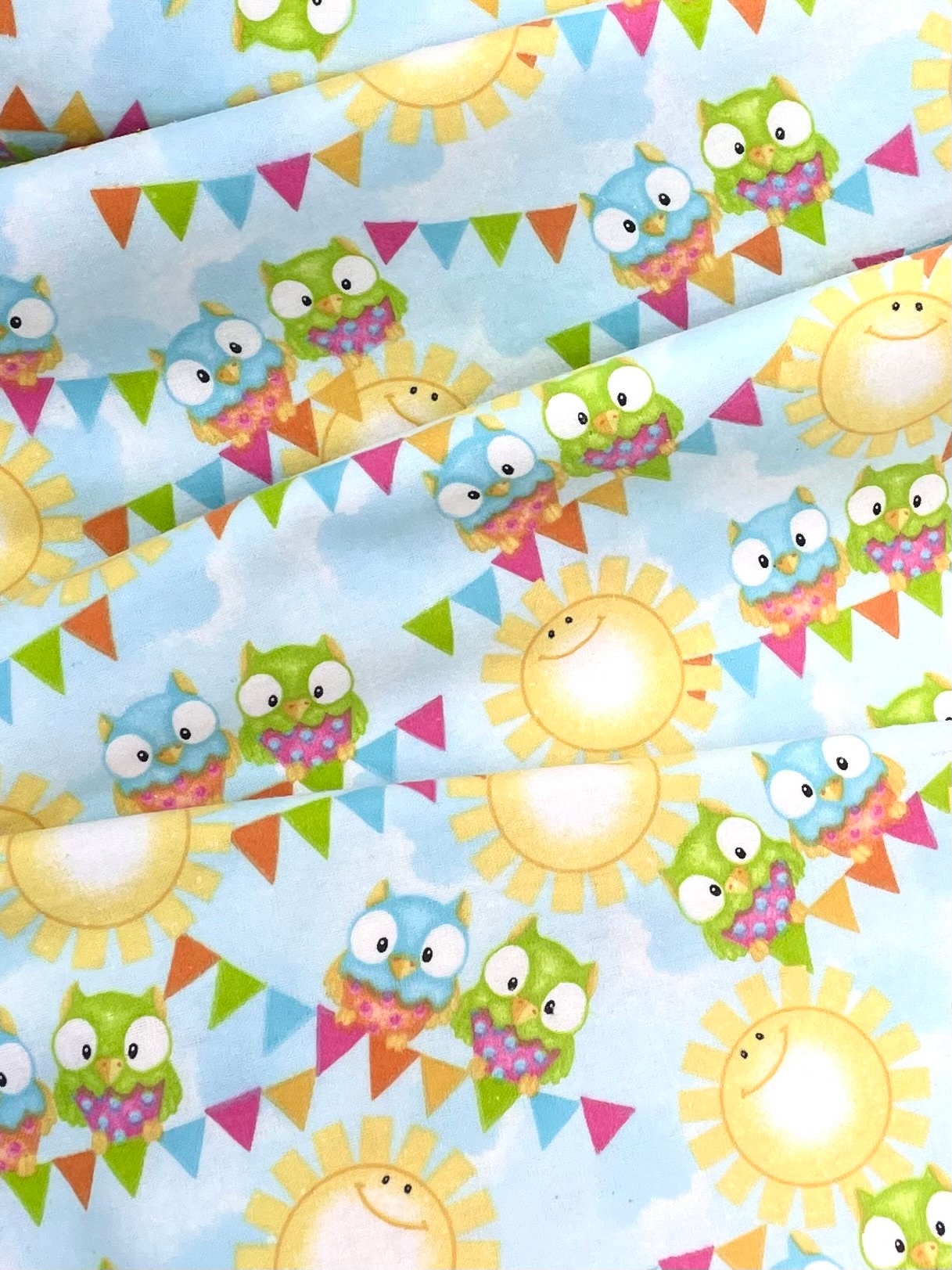 Owls on Light Blue, sunshine Comfy Cotton FLANNEL Fabric by A E Nathan, baby owls  clouds, baby blan