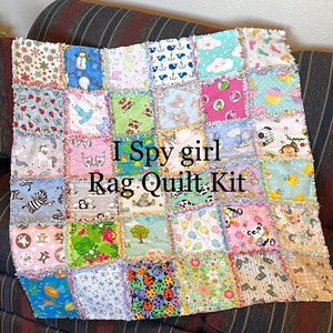 Sale- Girl I SPY 72 - 7&quot; FLANNEL fabric squares quilt kit, rainbow back, bear ducks kitten cupcake monkey ladybug panda bear sheep DIY quilt