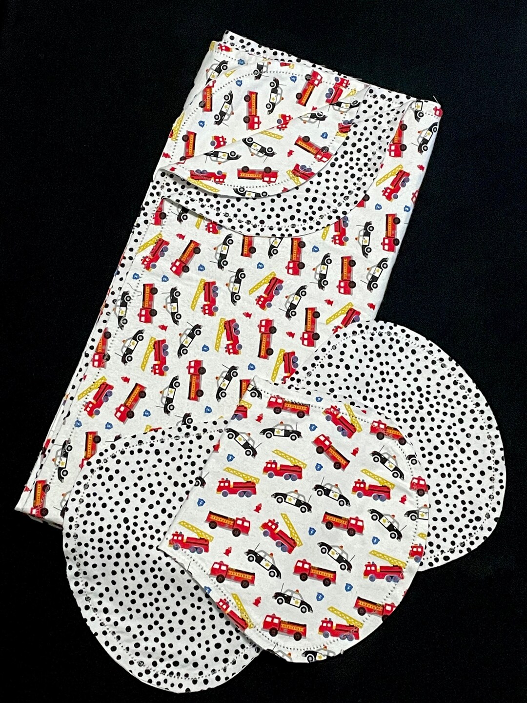 Police car Hemstitch FIRETRUCK Receiving blanket & 2 burp cloths, blue red yellow, cars, black white dots, DIY crochet flannel blanket, gift