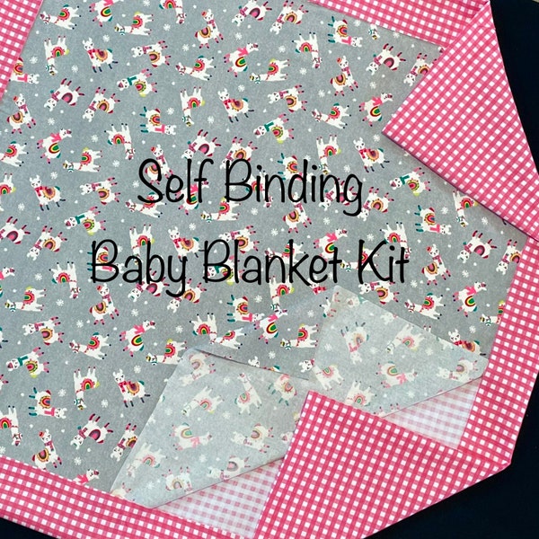 36" Self binding bright pink Llama baby blanket kit -precut & ready to sew. flannel, 32x32 top, 42x42 back, pink yellow gray, girl gift