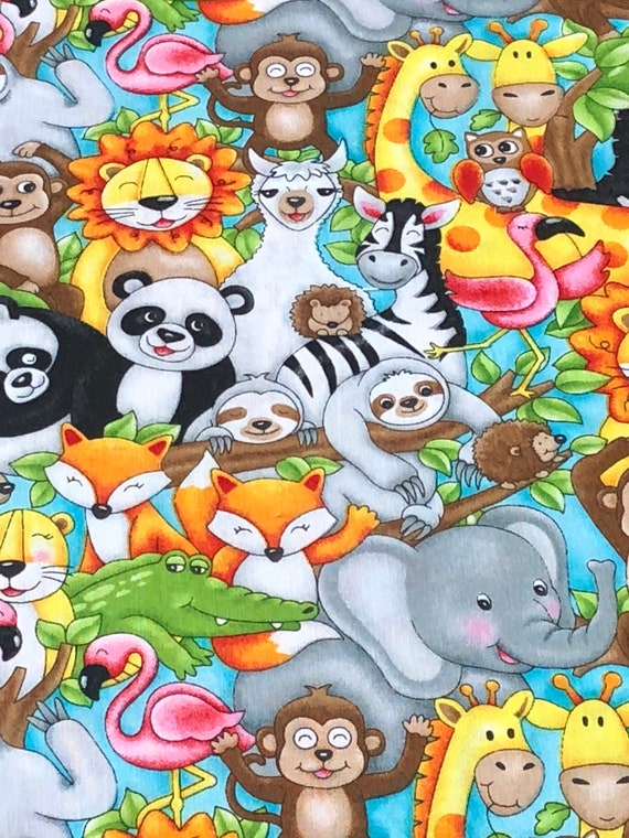 Cotton Fabric DIGITAL Noah/'s Ark Animals Elephant Giraffe Zebra Panda Fox BTY
