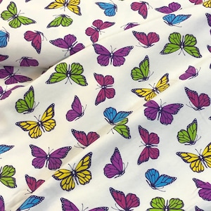 Butterfly purple blue green pink, soft Flannel fabric, tossed butterflies, spring fabric, baby quilt fabric, by Daisy Kingdom sold by yard