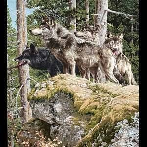 Wolf Alpha Black Panel by Elizabeth&#39;s Studio, forest wilderness wolf pack, mountain, gray green black, quilting panel, wall hanging fabric