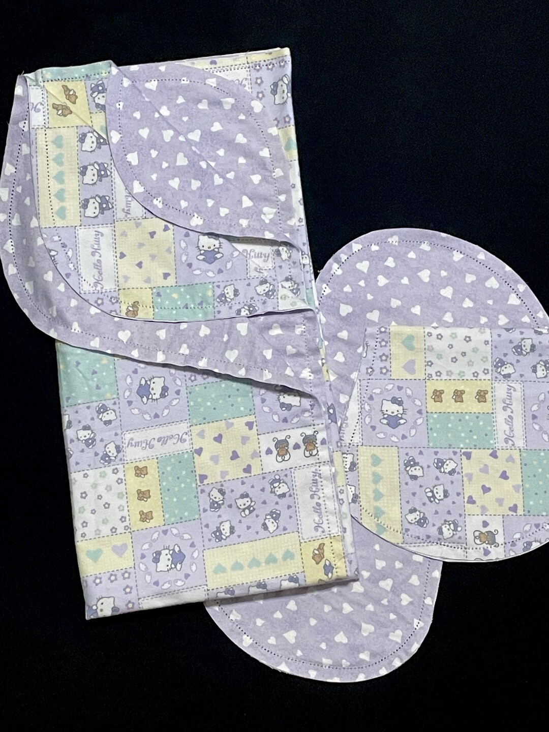 Hello Kitty Hemstitch Receiving Blanket & 2 Burp Cloths, Purple White