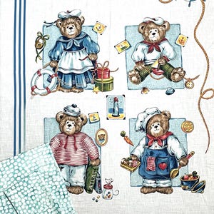 May include: Four brown teddy bears dressed in different outfits. The first bear is wearing a blue sailor dress with a white apron and a white sailor hat. The second bear is wearing a blue sailor shirt with a red scarf and a white sailor hat. The third bear is wearing a red and white striped shirt with a white sailor hat. The fourth bear is wearing a blue chef's outfit with a red heart on the apron and a white chef's hat.