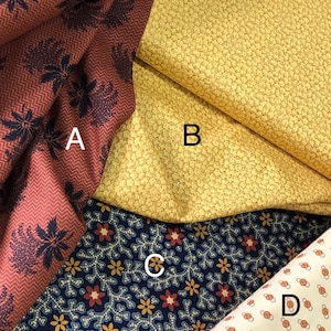 May include: Four different fabric swatches with various patterns. The top left swatch is a red fabric with a black palm tree pattern. The top right swatch is a yellow fabric with a small, light brown floral pattern. The bottom left swatch is a dark blue fabric with a small, white and orange floral pattern. The bottom right swatch is a white fabric with a small, orange circle pattern.