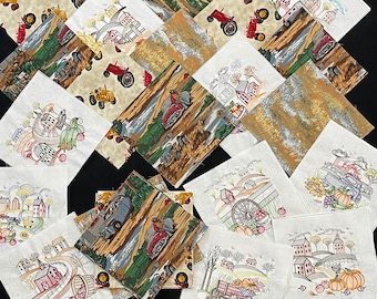 72 farm tractor, Harvest fall, Thanksgiving, embroidered, colorful 7" pre cut square quilt blocks, quilting fabric, old cars, mountain scene